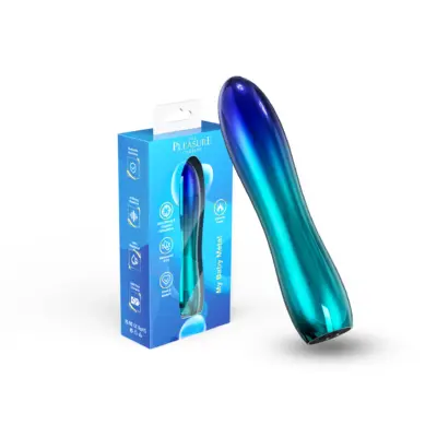My Baby Bullet Vibe Metal Sky Blue by The Pleasure Company, showing the blue metallic rechargeable vibrator alongside its original retail packaging.