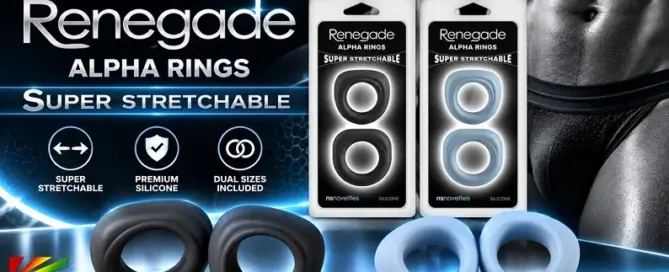 NS Novelties Renegade Alpha Rings in black and blue-gray with retail packaging, highlighting premium silicone and dual sizes.