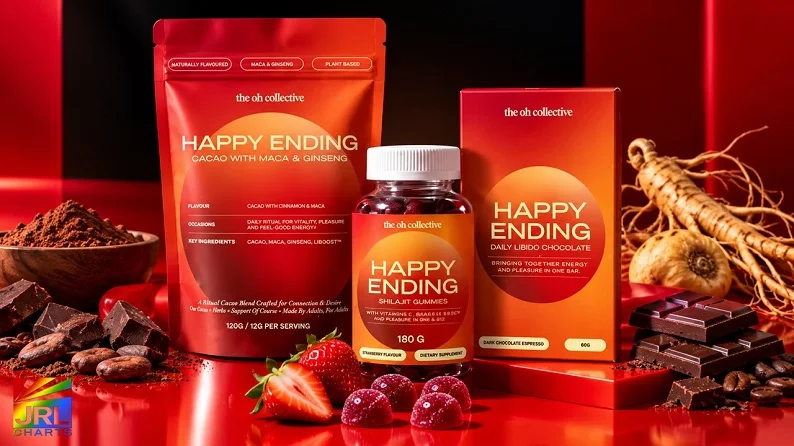 The Oh Collective Happy Ending Collection featuring cacao, shilajit gummies and chocolate in a red product display.