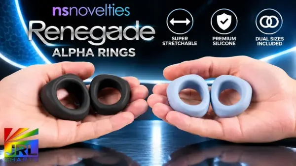 Black and blue-gray Renegade Alpha Rings by NS Novelties displayed in hands, showing two sizes and flexible silicone construction.