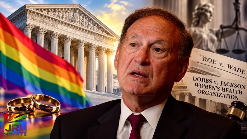 Editorial illustration of Supreme Court Justice Samuel Alito with the U.S. Supreme Court, LGBTQ Pride flag, wedding rings and references to Roe v. Wade and Dobbs.