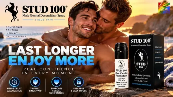 Two men wearing silk pajamas share a romantic candlelit evening with STUD 100 Delay Spray displayed nearby.