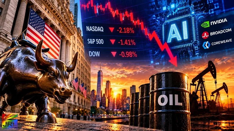 Wall Street bull, falling stock market charts, AI technology companies, and oil barrels illustrate financial market volatility.
