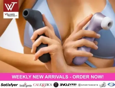 Williams Trading Satisfyer weekly new arrivals catalog showing Spinning Vibe 1, Tap & Climax 1, Spot On 2 and Satisfyer Ring retail packaging.