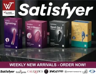 Williams Trading Weekly New Arrivals digital catalog for October 2, 2026 featuring Satisfyer and other pleasure product brands.