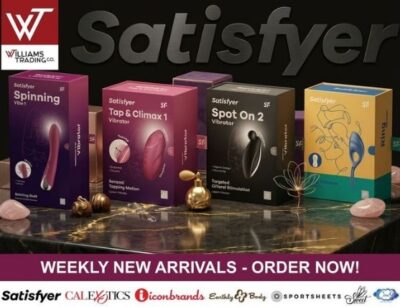 Williams Trading digital catalog featuring Satisfyer products and wholesale pleasure-products brands in its October 2026 Weekly New Arrivals edition.