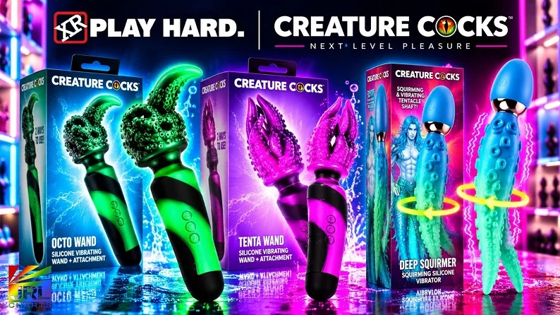 Brands Creature Cocks collection featuring the green Octo Wand, purple Tenta Wand and turquoise Deep Squirmer with fantasy-themed retail packaging.