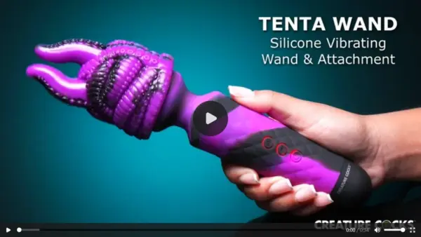 XR Brands Tenta Wand AI025 product demonstration video thumbnail featuring the purple-and-black silicone vibrating wand with tentacle-inspired removable attachment.